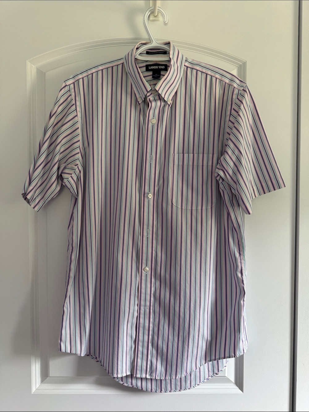 Lands' End Short-Sleeve Button-Up Shirt in White with Purple & Blue Stripes